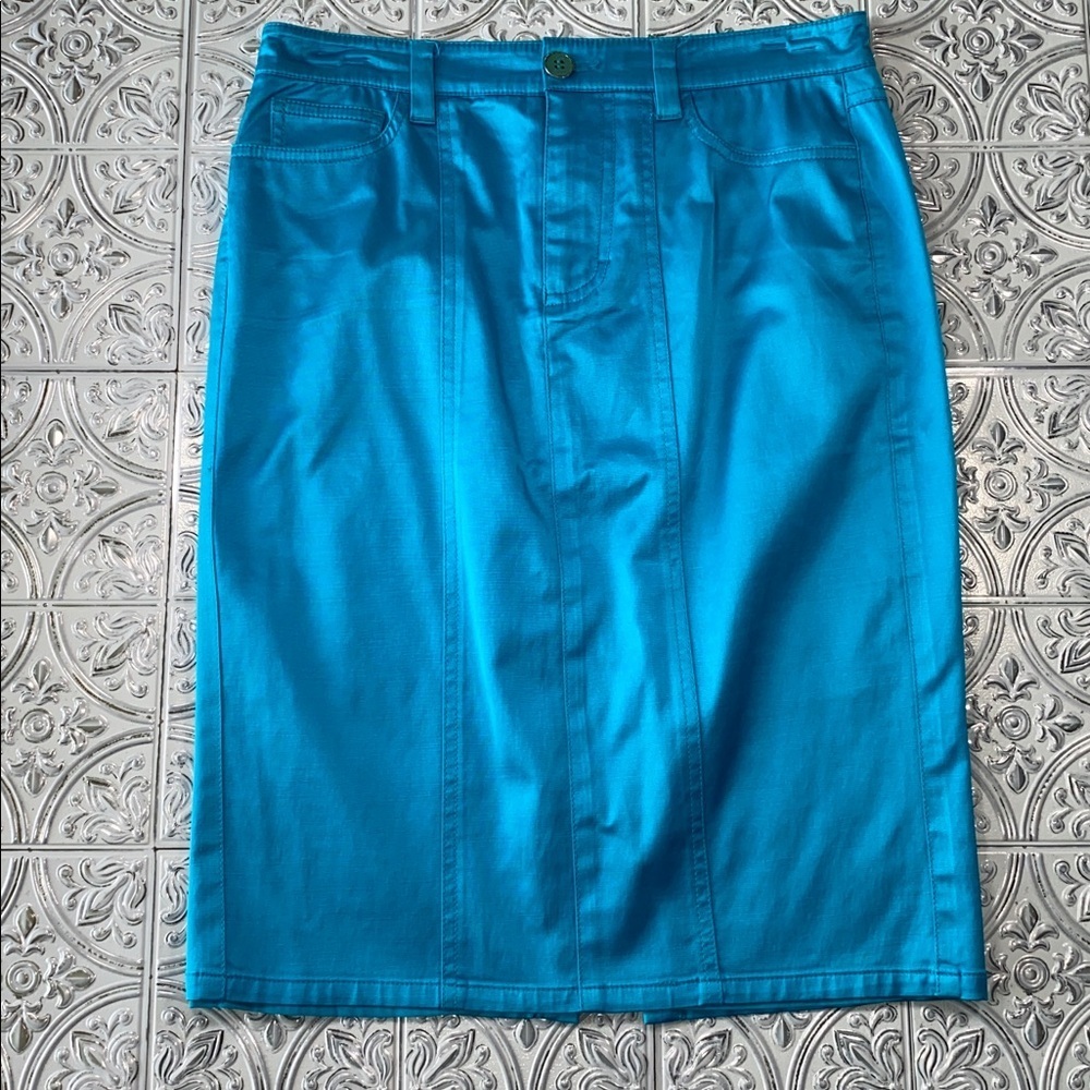 Y2K Vintage Bebe Seamed Denim Pencil Skirt 4 Teal Turquoise Knee Length